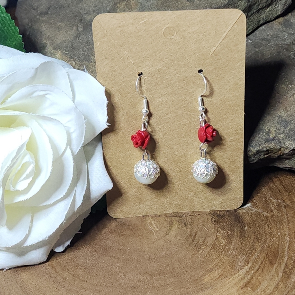 21. Hand Crafted Elegant Dangle Drop Earrings With Red Roses With Faux Pearls